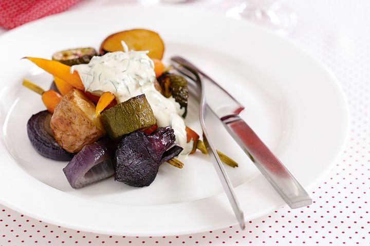 Cooking Salads Warm vegetable salad with creamy lime dressing