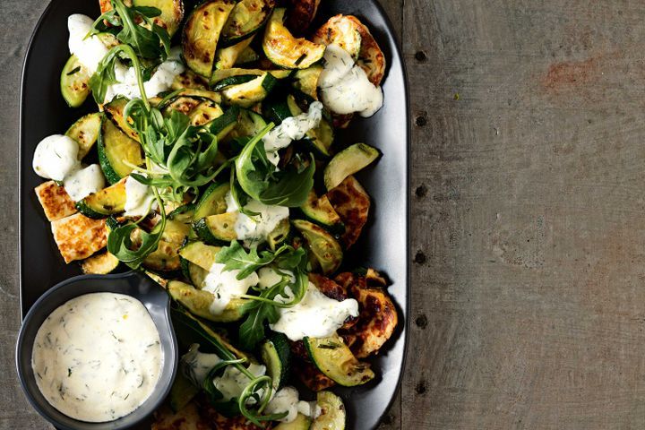 Cooking Salads Warm zucchini and haloumi salad with yoghurt drizzle