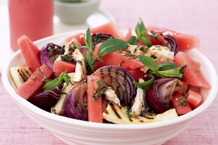 Cooking Salads Watermelon, chicken and haloumi salad with mint dressing