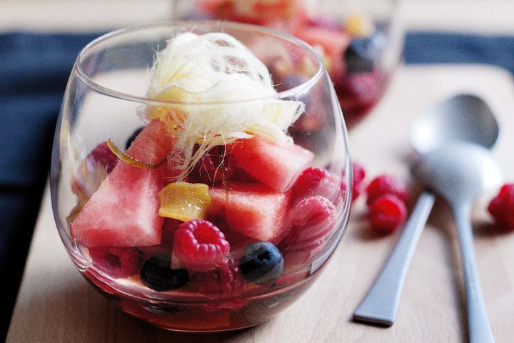 Cooking Salads Watermelon and berry salad with lime syrup