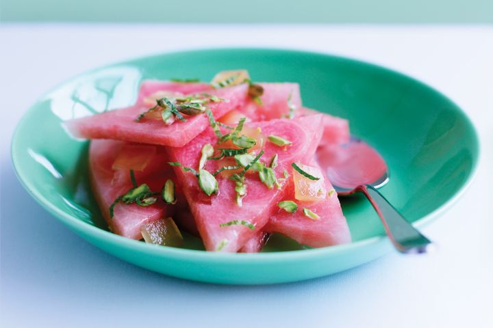 Cooking Salads Watermelon salad with glace ginger syrup