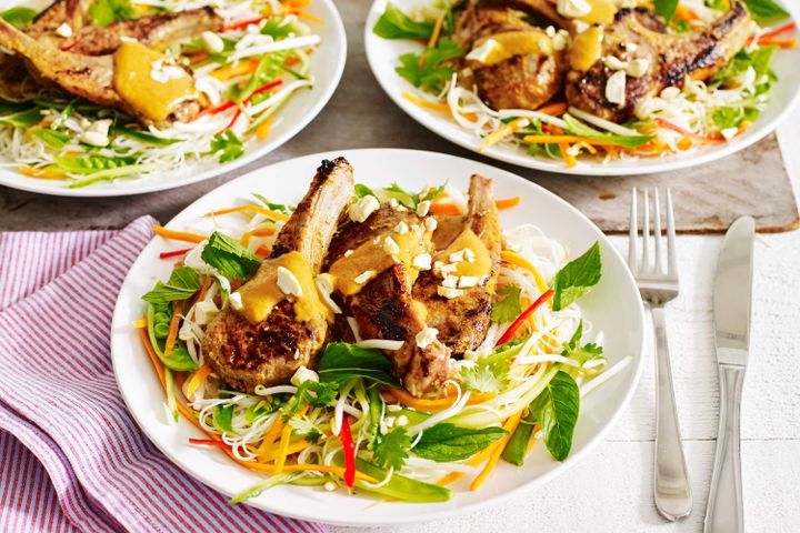 Cooking Salads Yellow curry lamb cutlets with Thai noodle salad