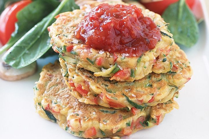 Cooking Salads Zucchini and capsicum fritters with spinach salad