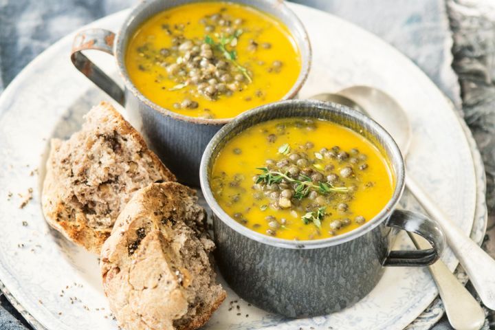 Cooking Soups Carrot and ginger soup with French-style lentils