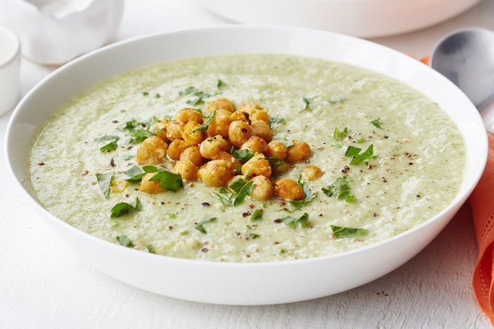 Cooking Soups Cauliflower and broccoli soup with crispy curried chickpeas