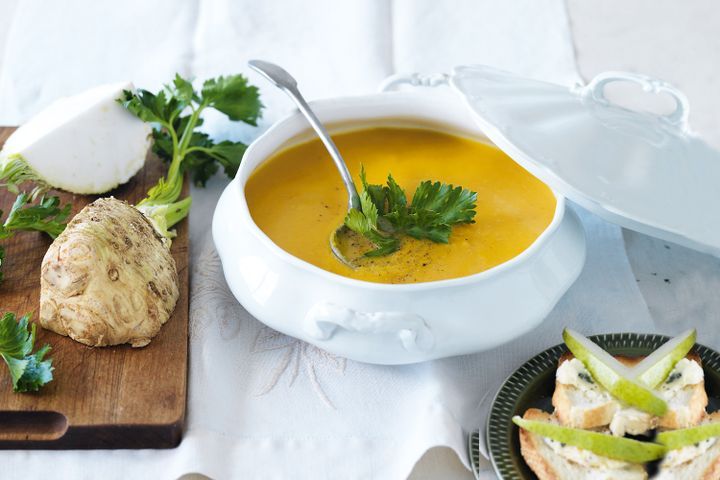 Cooking Soups Celeriac & pumpkin soup with blue cheese & pear toasts