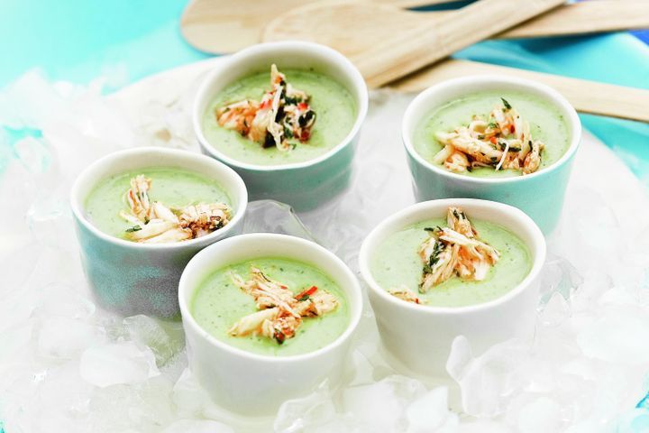 Cooking Soups Chilled cucumber soup shots with spicy crab