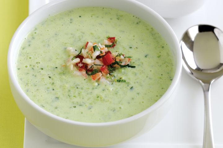 Cooking Soups Chilled cucumber soup with prawn and tomato salsa