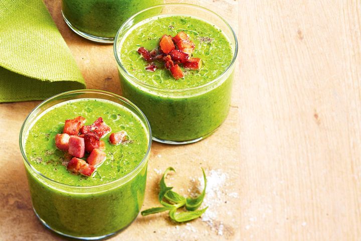 Cooking Soups Chilled pea and cucumber soup with crunchy pancetta