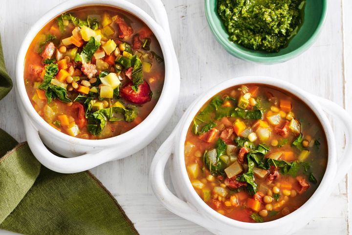 Cooking Soups Chorizo, kale and barley soup with walnut pesto