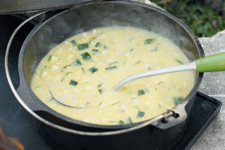 Cooking Soups Corn, bacon and zucchini soup