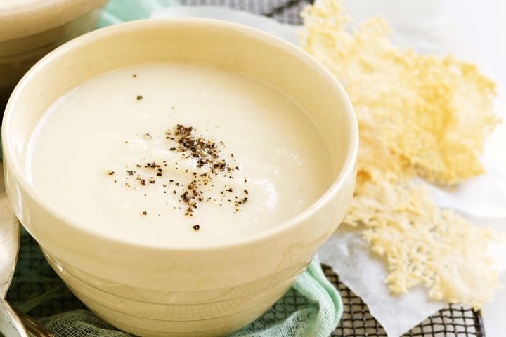 Cooking Soups Creamy cauliflower and potato soup with parmesan crisps