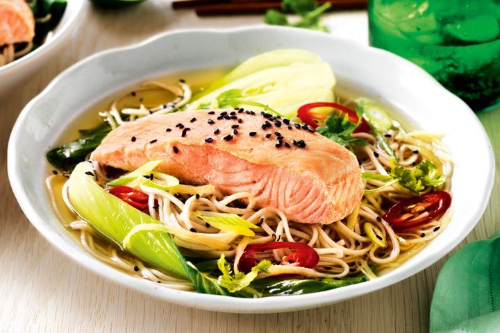 Cooking Soups Ginger-coriander broth with salmon and soba noodles