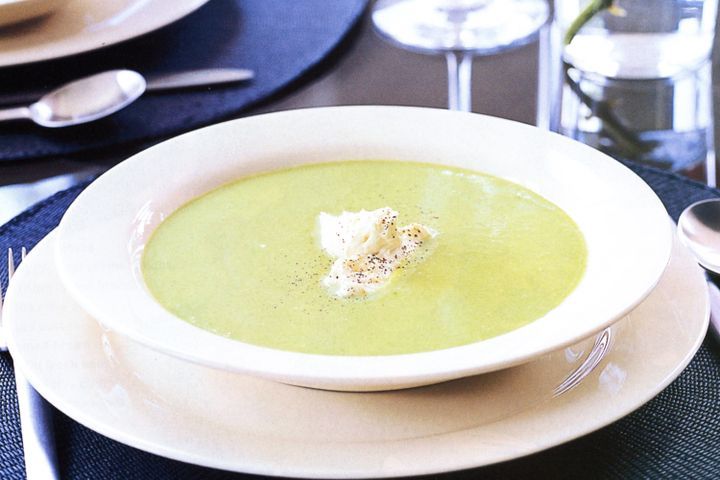Cooking Soups Green pea soup with roast garlic creme fraiche