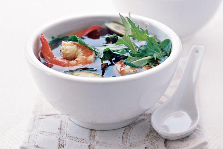 Cooking Soups Hearty miso soup with prawns and eggplant