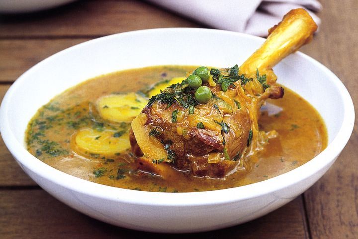 Cooking Soups Lamb shanks in spiced potato and pea broth