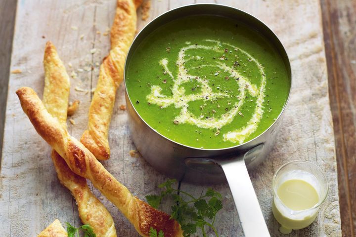 Cooking Soups Light pea and asparagus soup with parmesan pastries