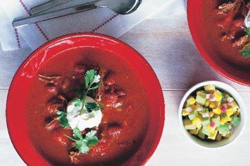 Cooking Soups Mexican beef & tomato soup with avocado & corn salsa