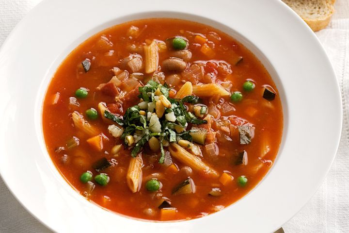 Cooking Soups Minestrone with chunky basil pesto