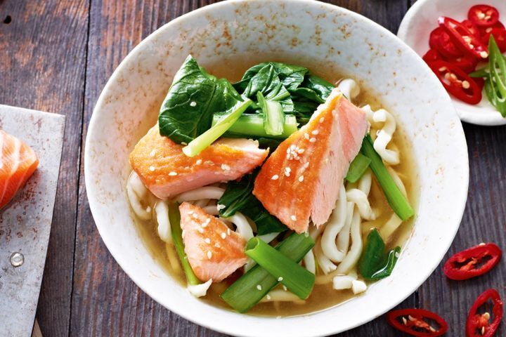 Cooking Soups Miso broth with sesame salmon & udon noodles