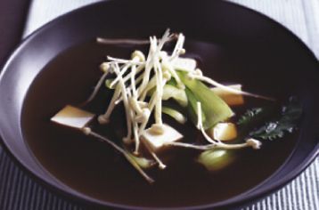 Cooking Soups Miso broth with silken tofu and Asian greens