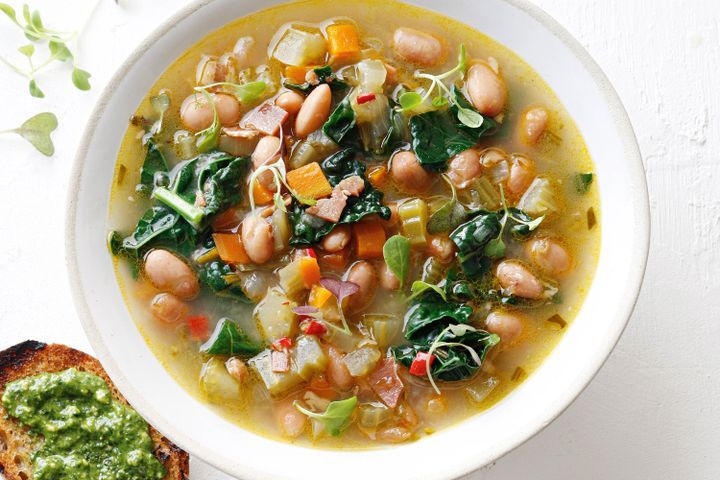 Cooking Soups Pancetta and borlotti bean soup with toasts