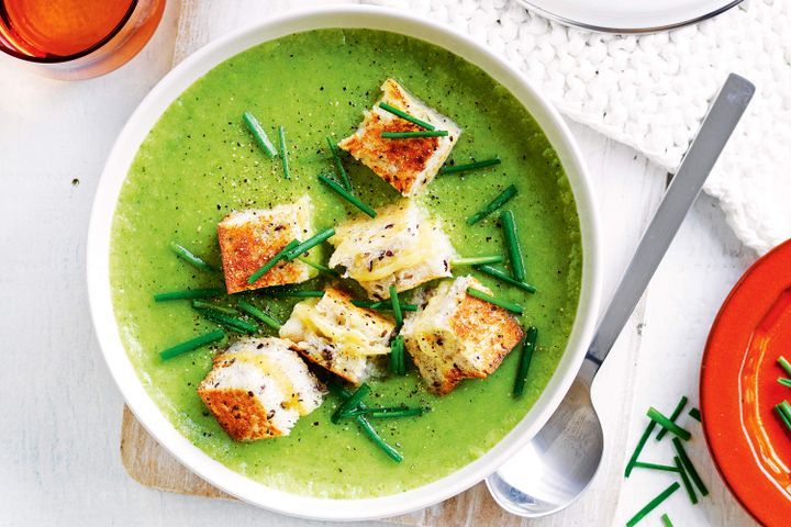 Cooking Soups Pea and broccoli soup with grilled cheese sandwich croutons