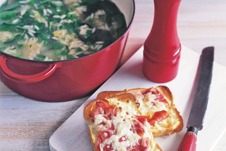 Cooking Soups Pea & spinach risoni soup with mozzarella toasties