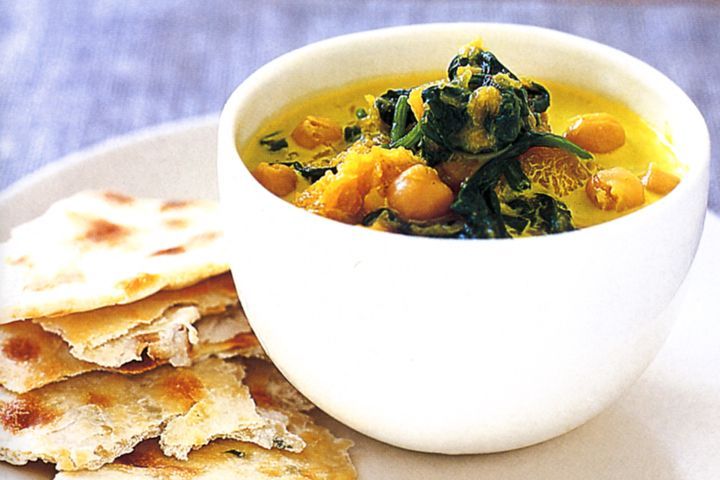 Cooking Soups Pumpkin, chickpea & spinach dhal with garlic & herb naan