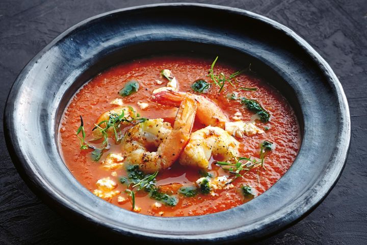 Cooking Soups Roast tomato soup with prawns & basil oil