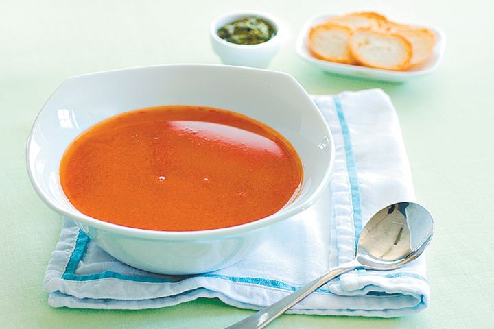 Cooking Soups Roasted tomato soup with pesto toast