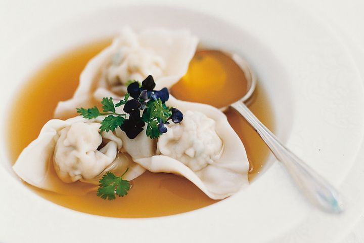 Cooking Soups Scallop consomme with prawn dumplings