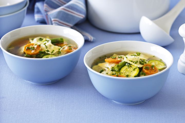 Cooking Soups Spring vegetable soup with ravioli