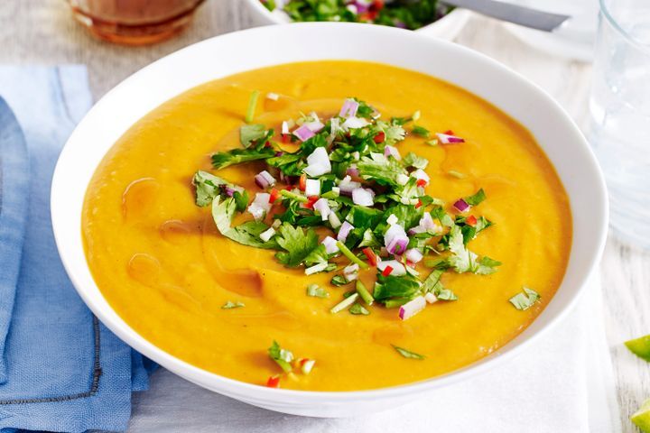 Cooking Soups Thai sweet potato soup with coriander sprinkle