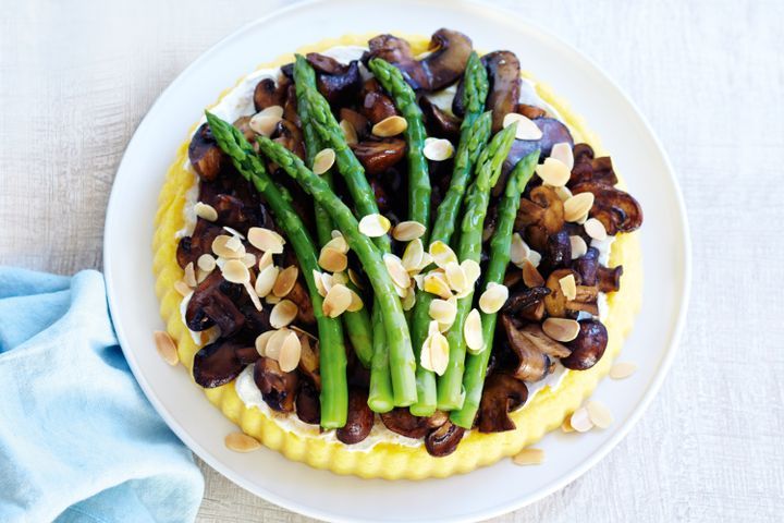 Cooking Vegetarian Asparagus & mushroom polenta tart