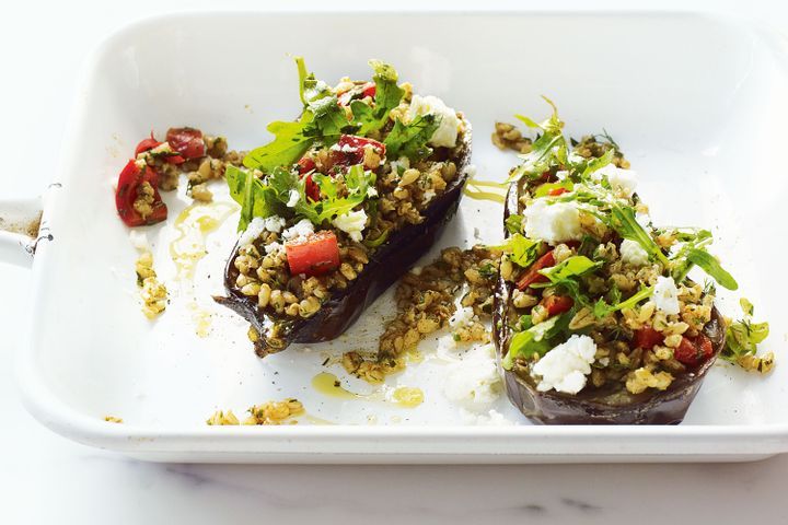 Cooking Vegetarian Baked eggplant with barley, feta and dill