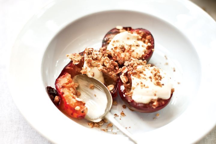 Cooking Vegetarian Baked plums with honey, pecan & oat crumble and cinnamon yoghurt drizzle