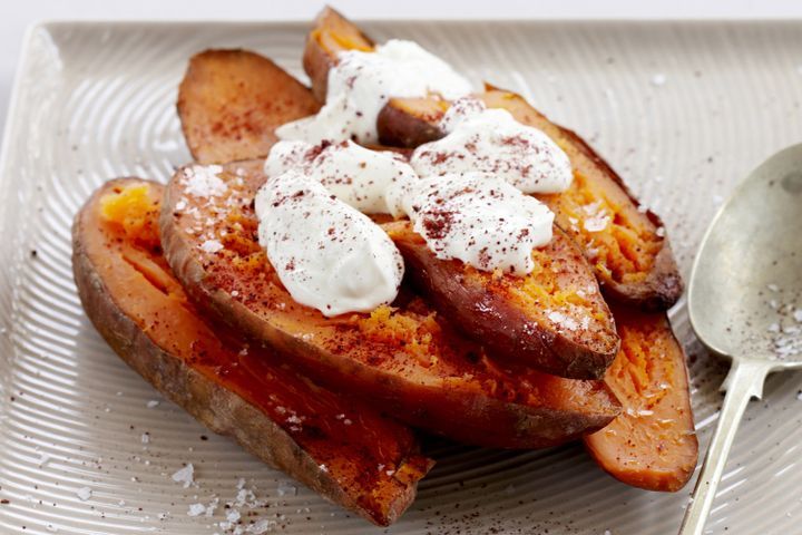 Cooking Vegetarian Baked sweet potato with sour cream
