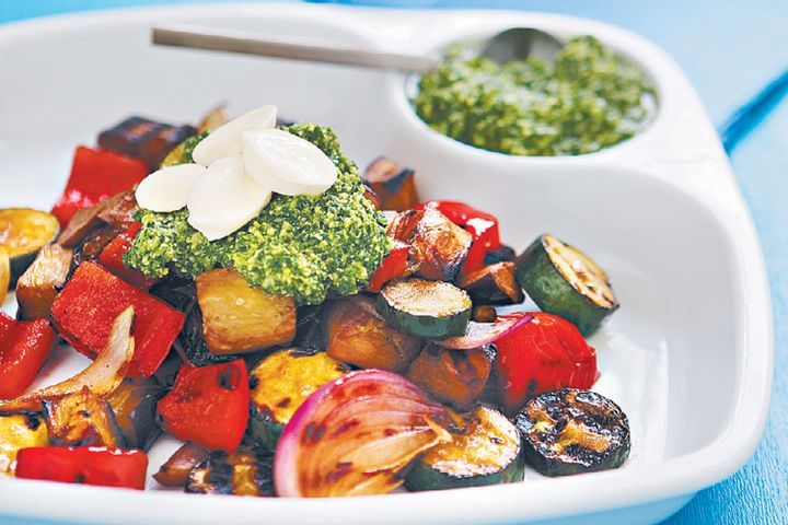 Cooking Vegetarian Balsamic vegetables with bocconcini and pesto