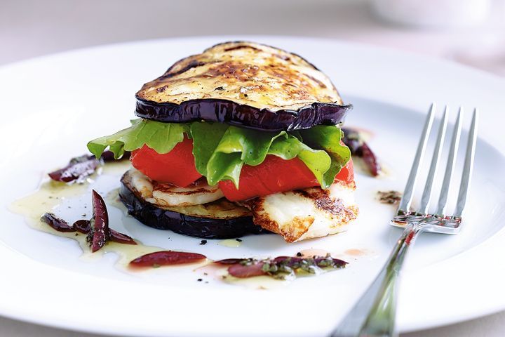 Cooking Vegetarian Barbecued haloumi and eggplant stack