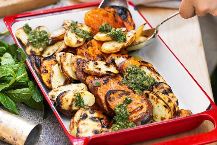Cooking Vegetarian Barbecued kipfler & sweet potatoes with salsa verde