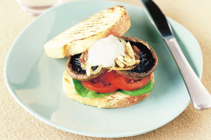 Cooking Vegetarian Barbecued mushroom burgers