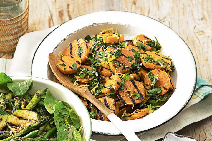 Cooking Vegetarian Barbecued sweet potato with gremolata dressing
