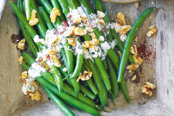 Cooking Vegetarian Beans with tahini dressing & walnuts