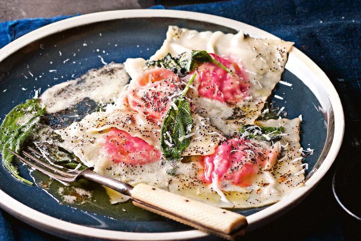 Cooking Vegetarian Beetroot ravioli with sage & poppy seed burnt butter