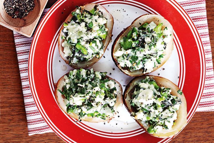 Cooking Vegetarian Broad bean, mint and fetta jacket potatoes