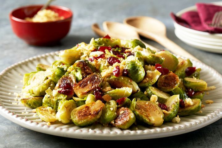 Cooking Vegetarian Caramelised brussels sprouts with buttered breadcrumbs & dried cranberries