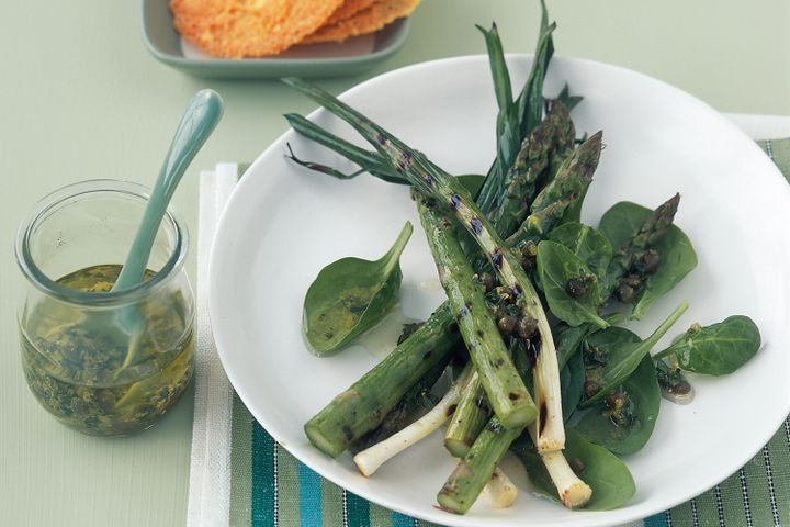 Cooking Vegetarian Char-grilled asparagus with caper dressing and frico