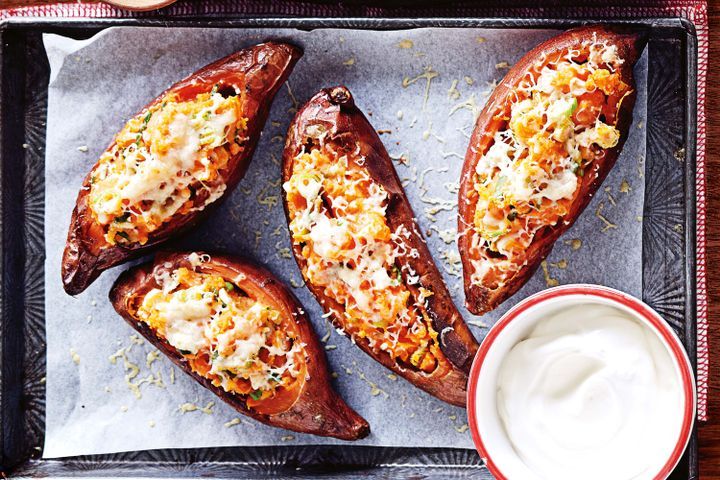 Cooking Vegetarian Cheddar and green chilli stuffed sweet potatoes