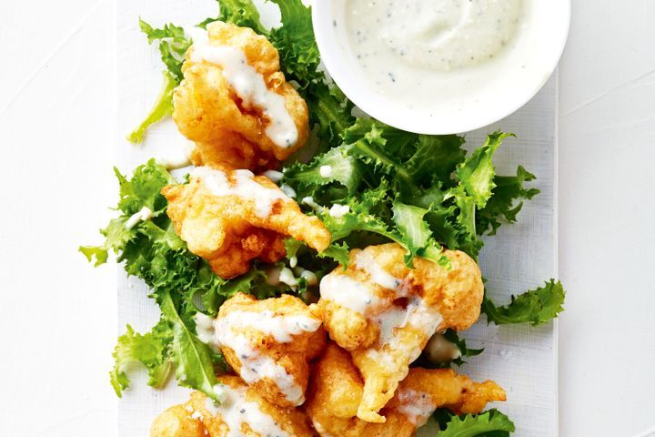 Cooking Vegetarian Chilli cauliflower fritters with blue cheese dressing
